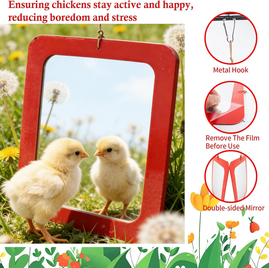 FlidRunest Extra-Large Size Chicken Mirror Toys for Coop, 11.8'' x 9.8'' Hanging Chicken Enrichment Swing Mirror Acrylic, Double-Sided Coop Accessories for Hens Birds Parrots Roosters Red