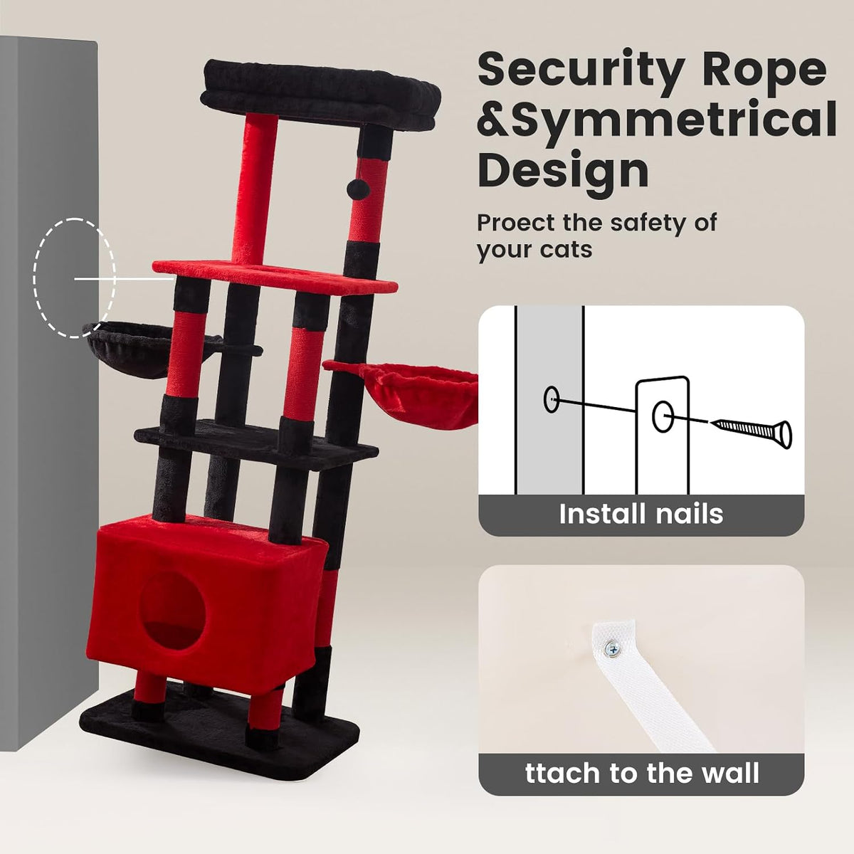 Cat Tree Tower for Large Cats 65 Inch - Heavy Duty Multi-Level Cat Furniture with Extra-Large Condo & Sisal Scratching Posts, Stable Cat Playground for Multiple Cats (Red, 66in)