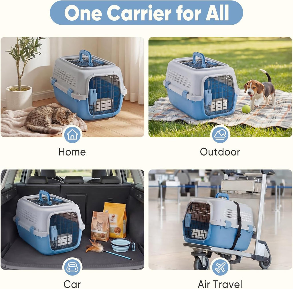 DUMOS 23" Hard-Sided Pet Carrier for Small Pets, 2 Door Cat Carrier - Blue