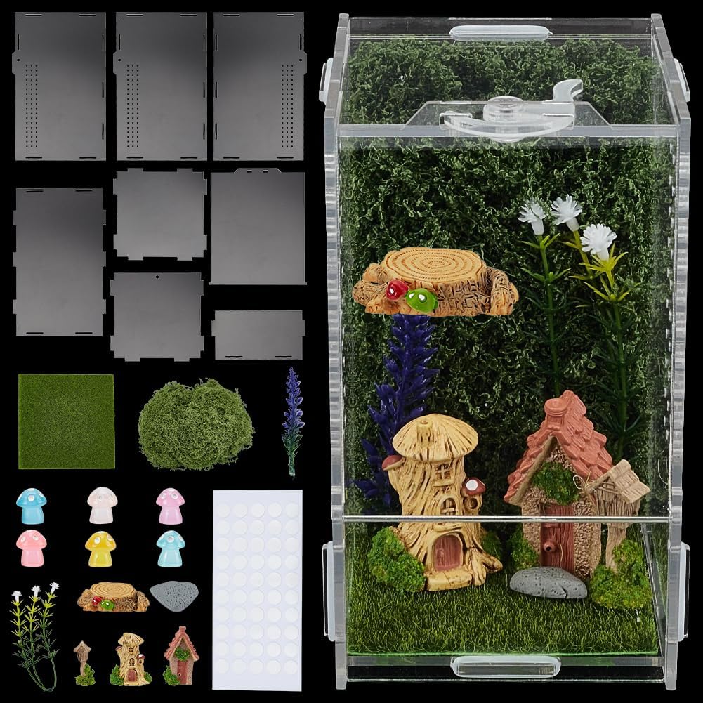 WEBEEDY Jumping Spider Enclosure Kit DIY Insects Habitat, Small Reptile Terrarium Praying Mantis Terrariums Acrylic Terrarium with Complete Habitat Decor for Spider & Insect, 8x8x15cm/3.15x3.15x5.9