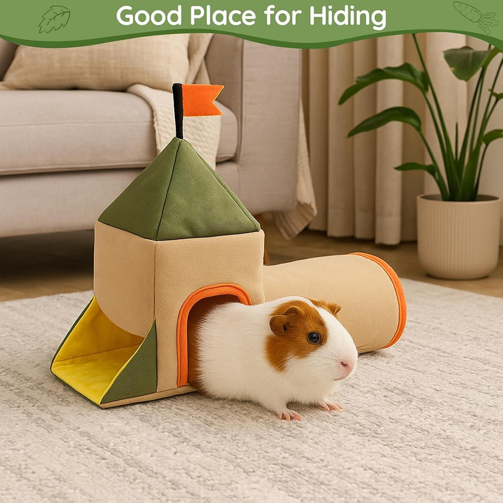 Guinea Pig Hideout and Toys, Castle Theme Small Pet Tunnel and Bed with Flag for Bunny Rabbit Ferret Hamster Chinchilla Hedgehog Hiding and Resting, 17.3in Long(Khaki)