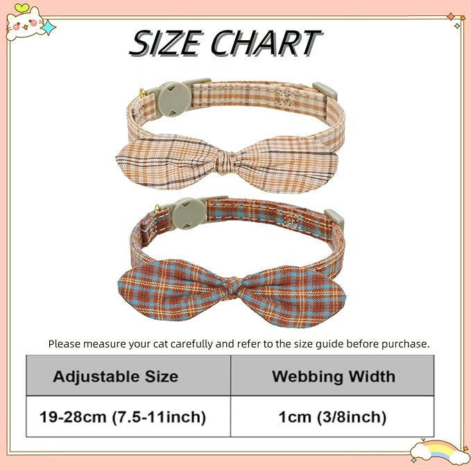 Cotton Bowtie Cat Collar with Bell 2 Pack Plaid Breakaway Kitten Collars with - Image 7