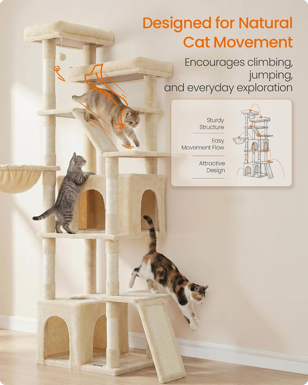 Feandrea Large Cat Tree, 72.6" Tall Sturdy Cat Tower for Indoor, Beige