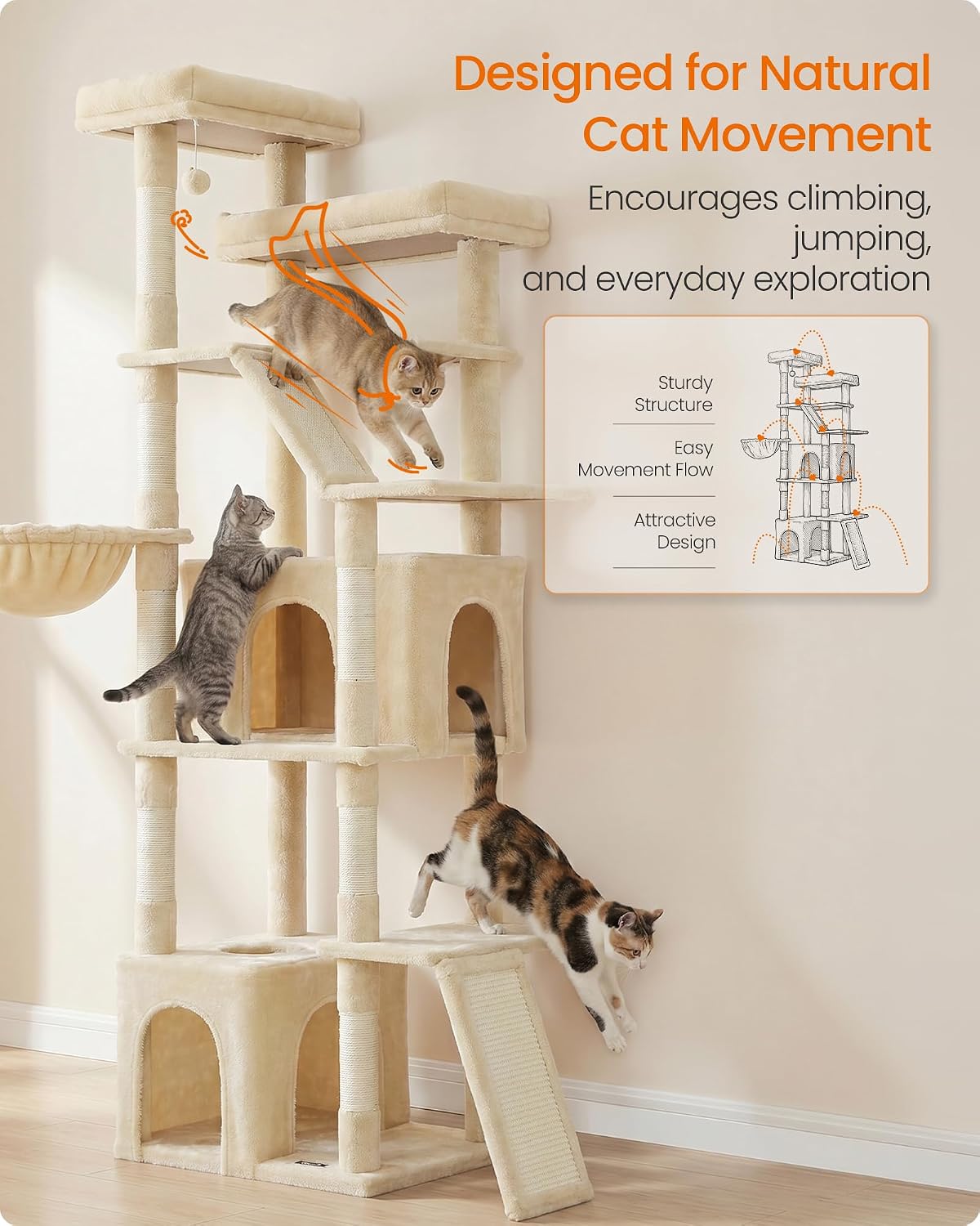 Feandrea Large Cat Tree, 72.6" Tall Sturdy Cat Tower for Indoor, Beige