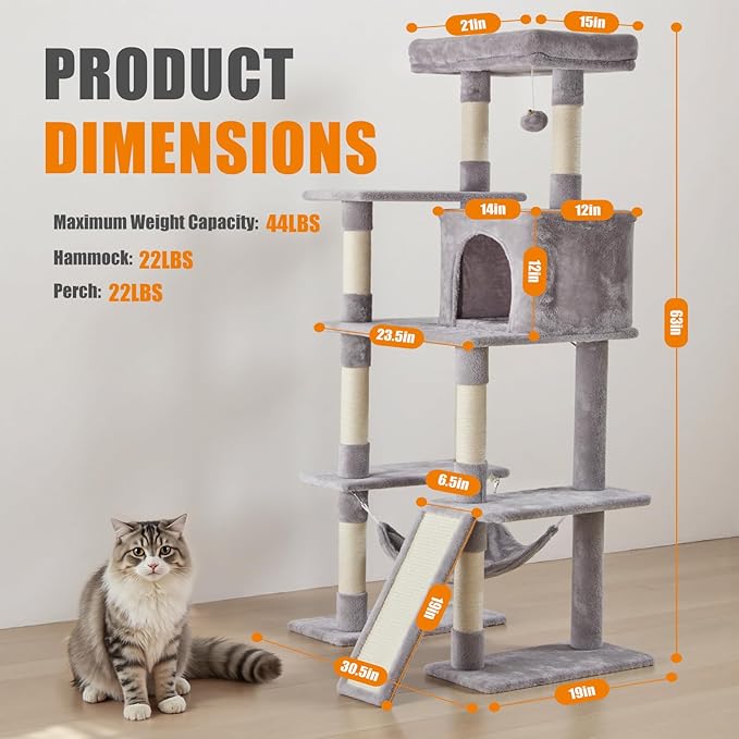 DUMOS Large 63in Cat Tree Tower, Natural Sisal Scratching Posts, Extended - Image 2