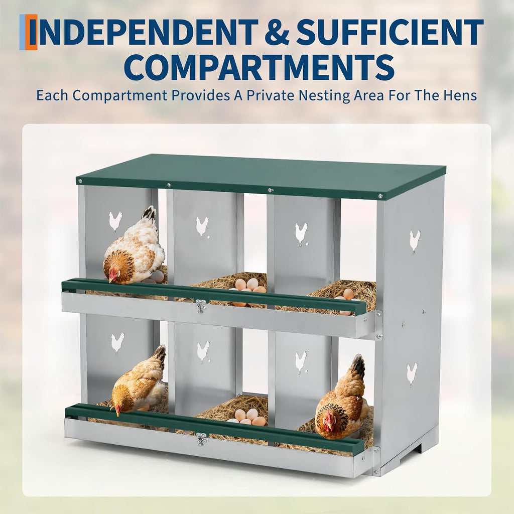 GarveeLife Chicken Nesting Boxes for Laying Eggs, 6 Compartments Nesting Boxes to Collect & Protect Eggs, Chicken Laying Boxes for Hens