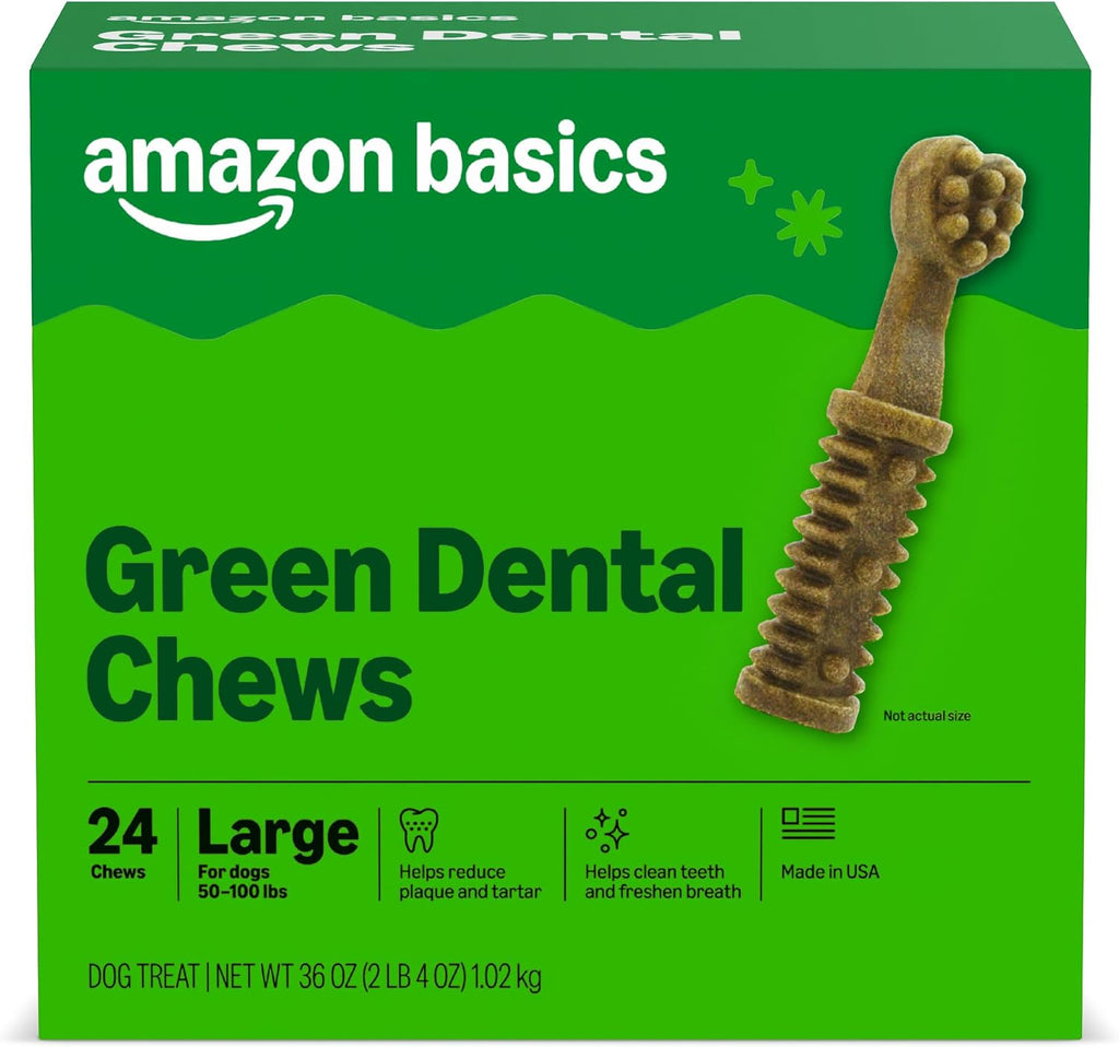 Amazon Basics Dental Dog Treats to Help Clean Teeth & Freshen Breath for Large Dogs, Unflavored, Per Pack: 24 Count, 2.25 pounds, 1 Pack