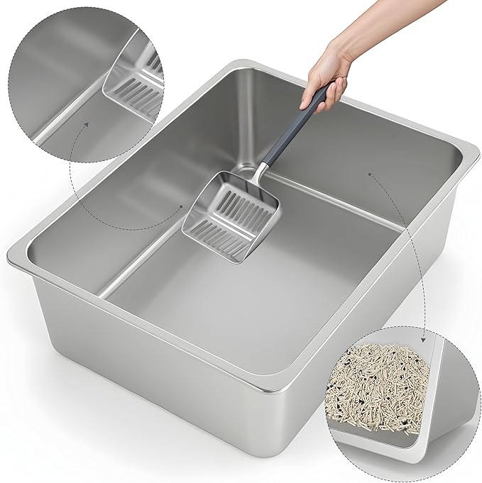 Kirecoo Stainless Steel Cat Litter Box XL- Metal High Sided Cat Pan, Large - Image 3