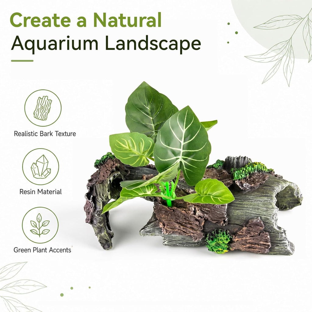 9.25" Large Aquarium Decor Hideout Cave Resin Hollow Tree Trunk with Plant