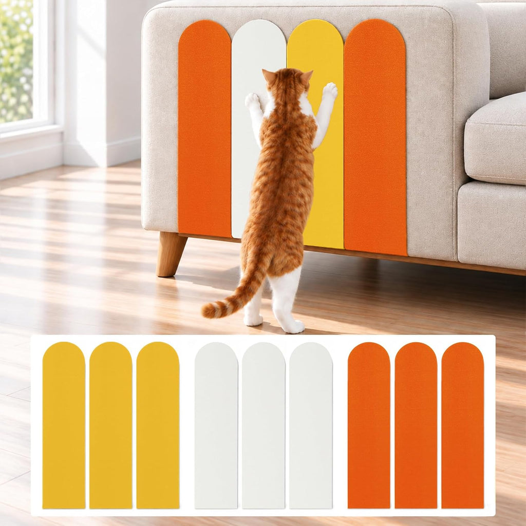 Couch Cat Scratch Protector, Adhesive Cat Scratching Pads, Corner Cat Scratchers, Door Scratch Pads, Protect Walls & Furniture from Cat Claws - 9-Pack, 23.6 x 5.9 Inches, Orange, White & Yellow