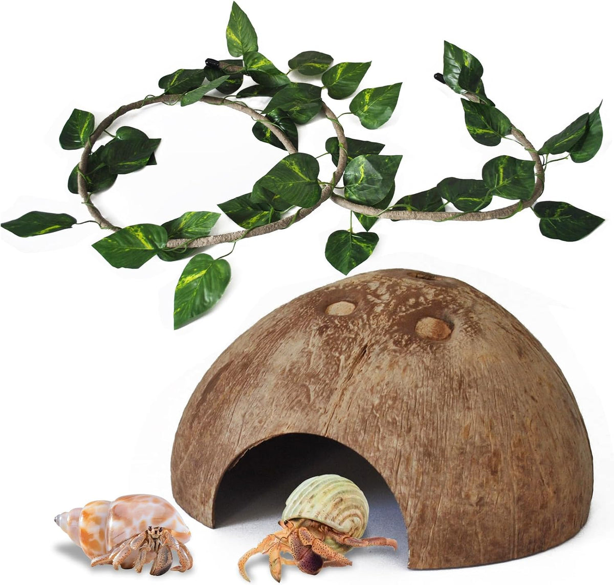 kathson Leopard Gecko Coconut Husk Hut Reptile Habitat Accessories Hideout Hole Climbing Ladder Bendable Hanging Plants Sleeping Hiding Breeding Apply to Amphibians and Small Animals