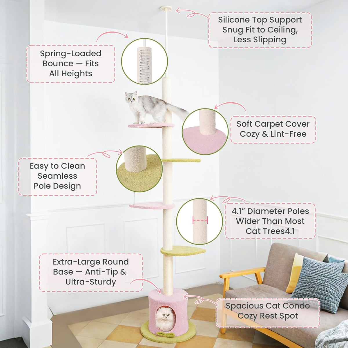 Max & Marlow 95-108" Floor to Ceiling Adjustable Cat Tree, Pink