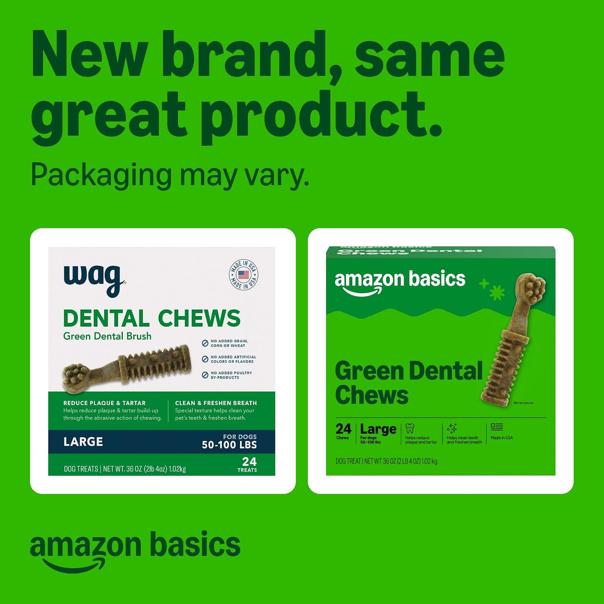 Amazon Basics Dental Dog Treats to Help Clean Teeth & Freshen Breath for Large Dogs, Unflavored, Per Pack: 24 Count, 2.25 pounds, 1 Pack