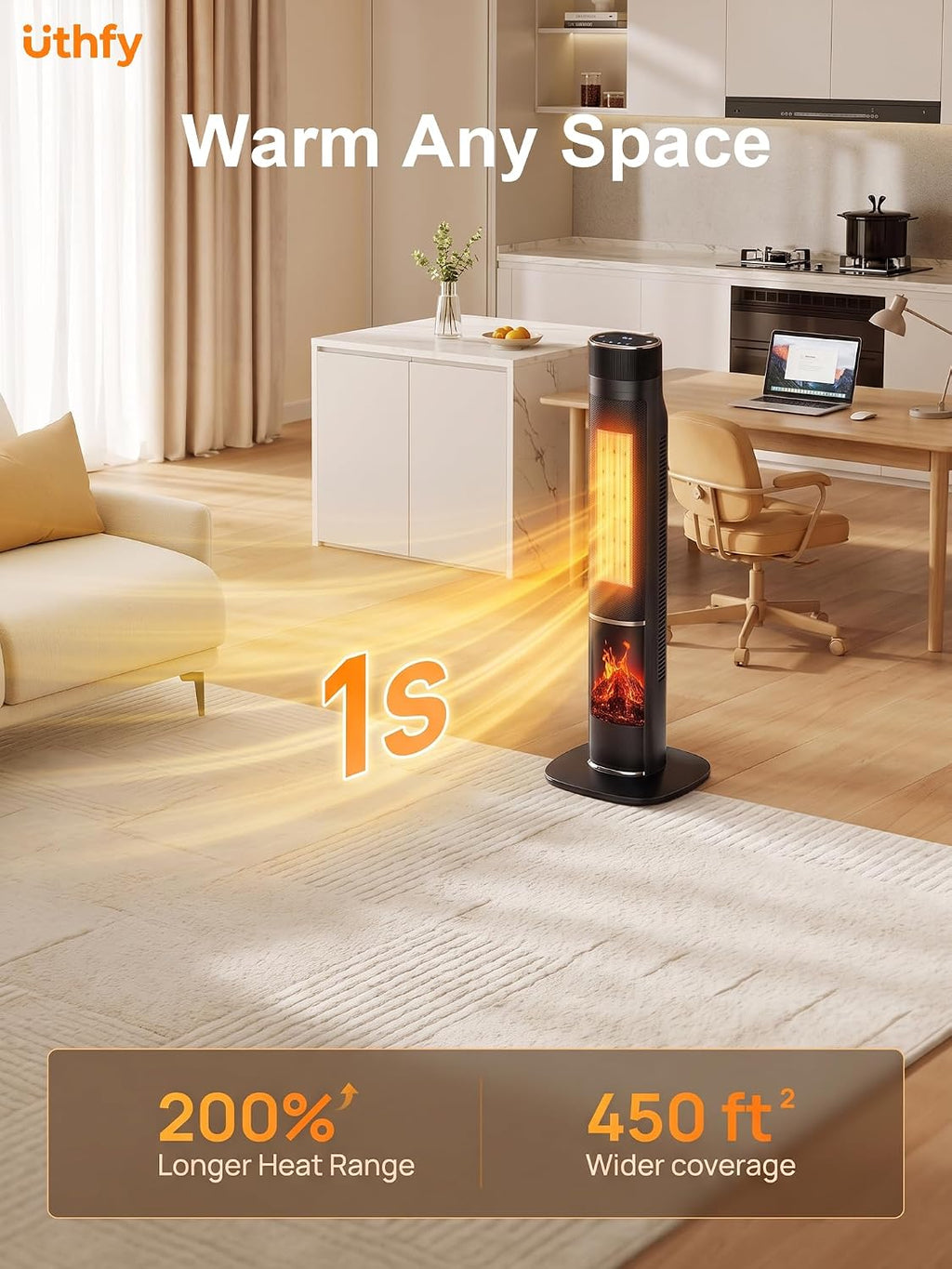 Uthfy 32IN Space Heater for Large Room, 1500W Portable Electric Heater for Indoor Use with 3D Flame Effect, 24H Timer, 120° Oscillation, Ceramic Heating Tower Heater for Bedroom, Living Room & Office