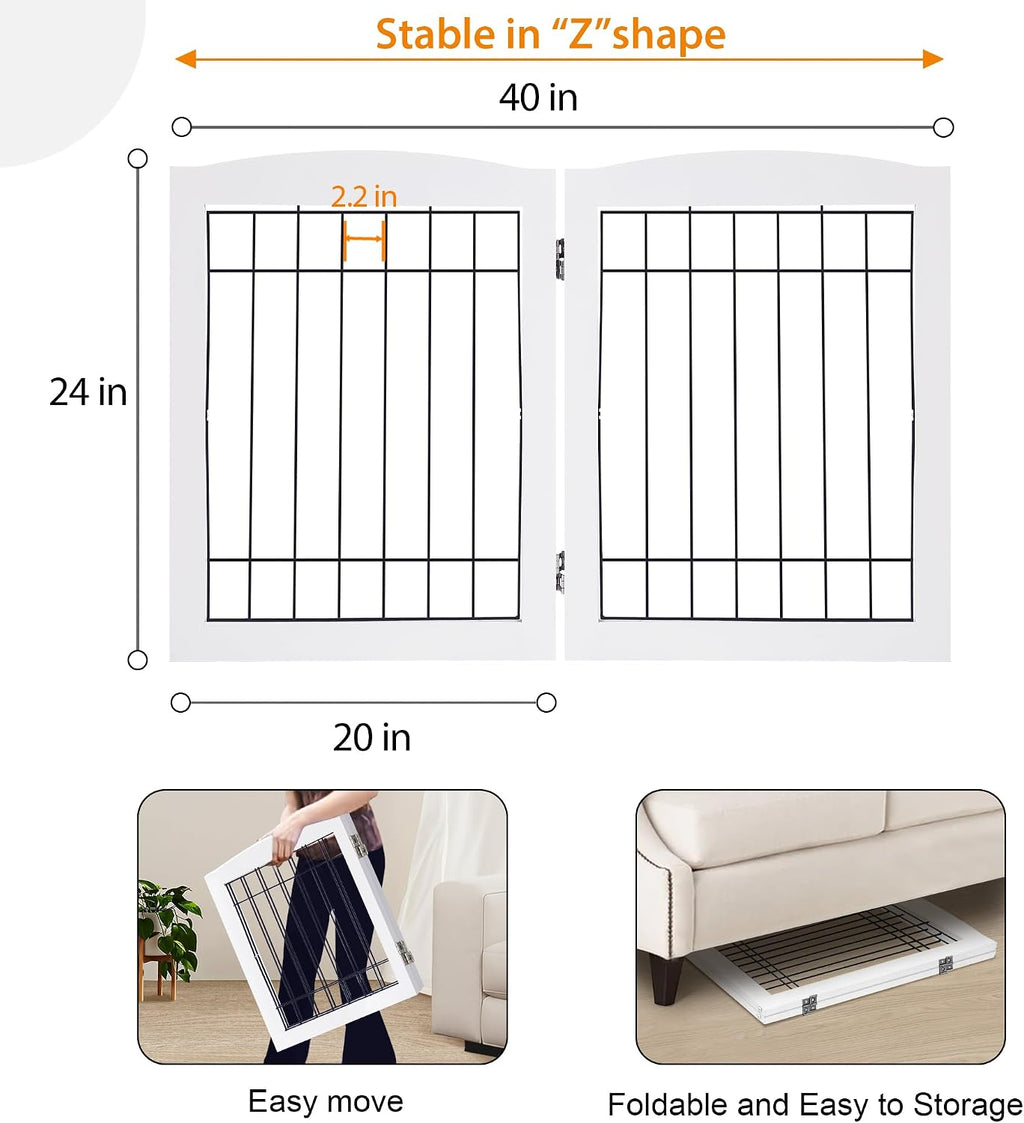 LZRS 2-Panel Freestanding Foldable Wood Dog Gate – Solid Wood & Steel Wire, Chew-Resistant Pet Barrier for Indoor Use, Ideal for Small to Medium Dogs, White