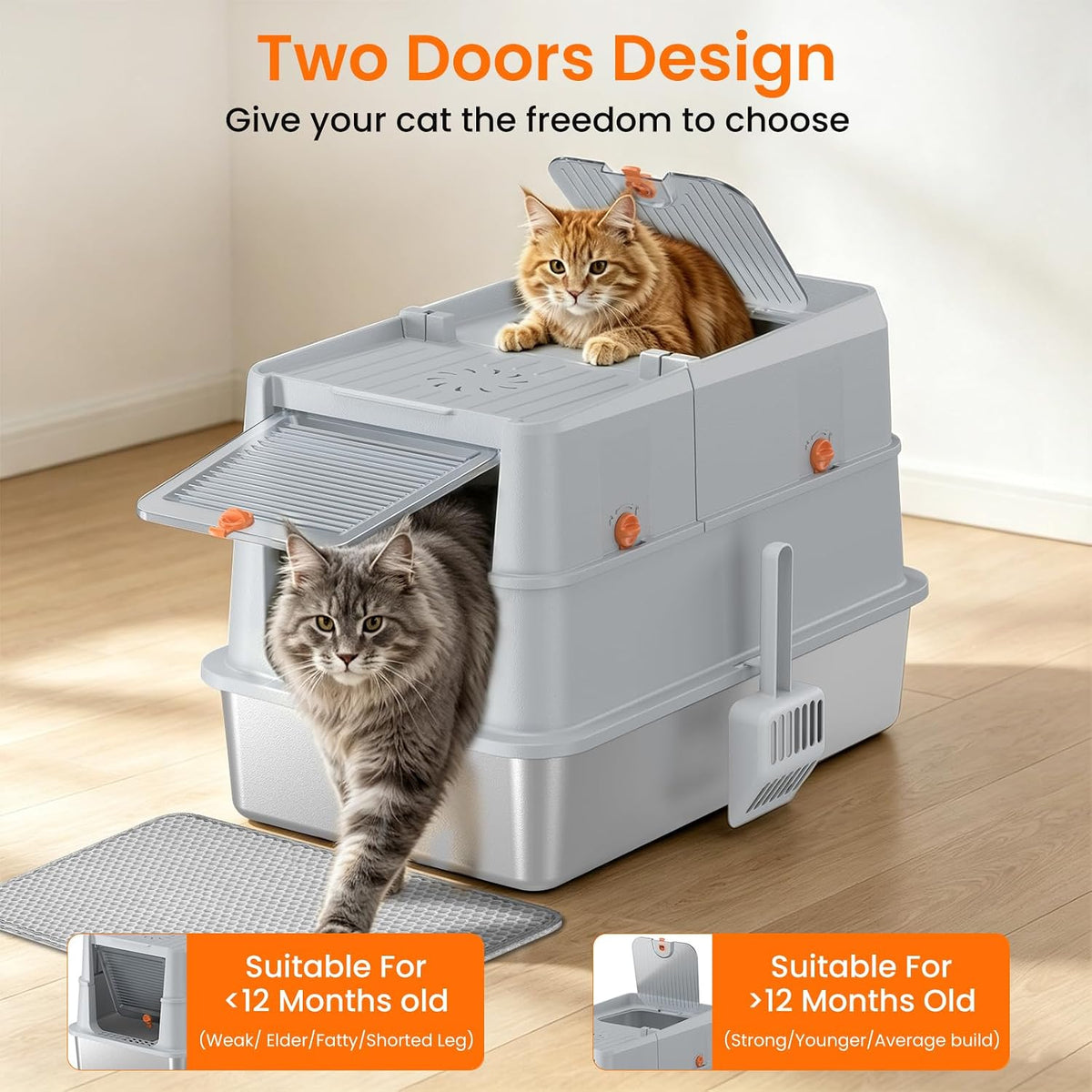 XXL Stainless Steel Litter Box with Lid, Enclosed Metal Cat Litter Box, High Sides Anti‑Splash Cat Toilet, Easy Clean Rustproof Stainless Steel Litter Pan for Large Cats Multiple Cats