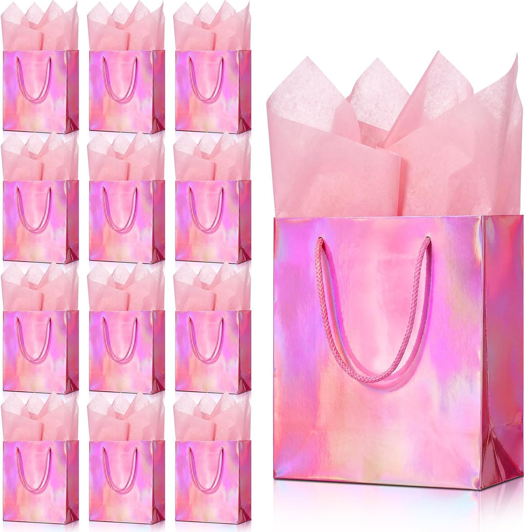 24 Pack Pink Gift Bags with Tissue Paper, Metallic Finish, Rope Handles