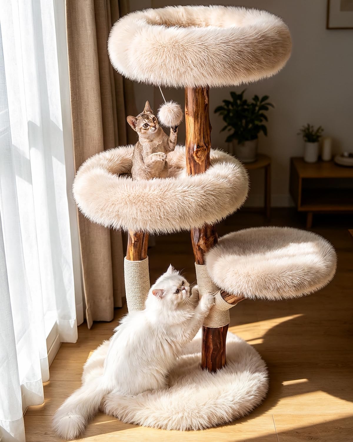 Solid Wood Cat Tree, Boho Modern Cat Tree Tower with Pear Branch