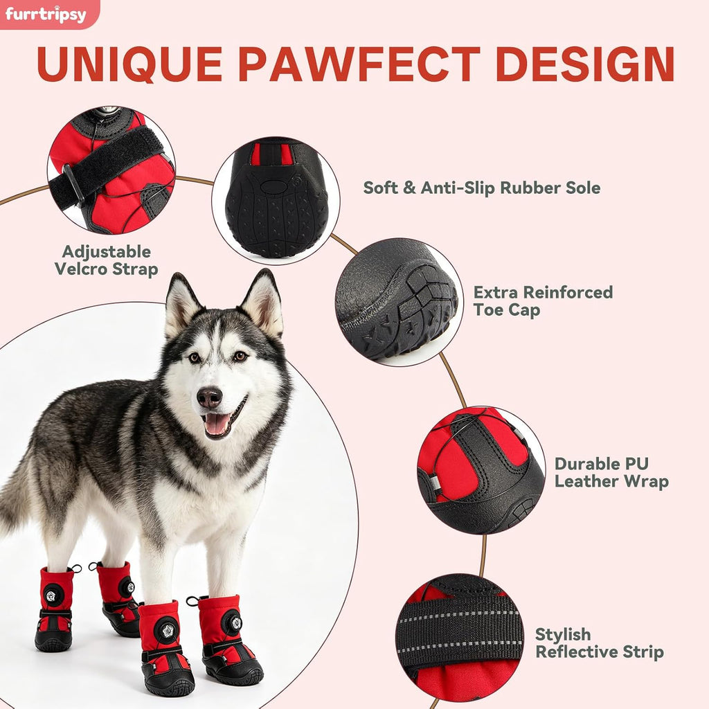 Dog Booties with Micro-Adjustable Dial, Waterproof Dog Shoes for Large Medium Small Dogs, Rugged Non-Slip Rubber Paw Protectors for Hot Pavement and Snow, Hiking 4PCS (Red, Size 8)