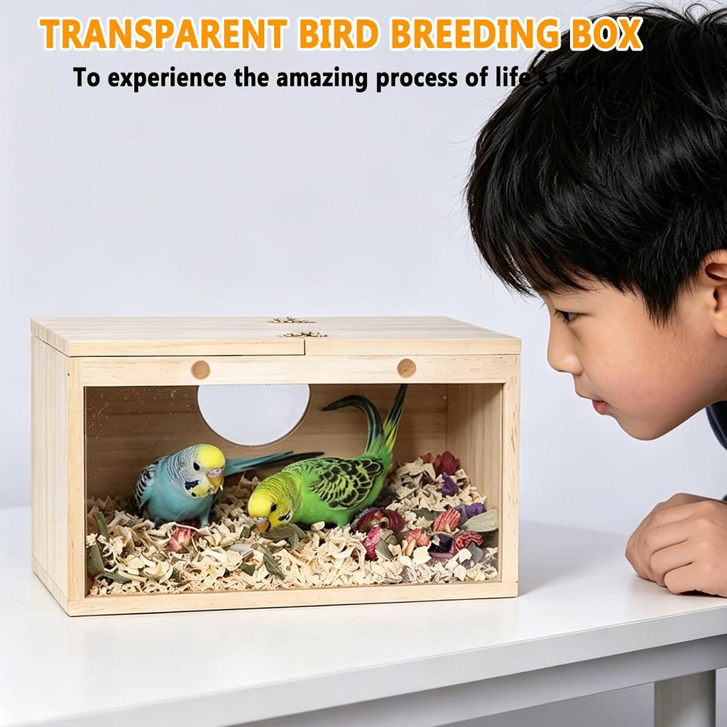 Parakeet Nesting Box with Acrylic Window, Natural Wood Breeding Box with Perch and Top-Open Lid, Bird Cage Nest House for Cockatiel Budgie Lovebirds Conure, Medium 9.8 x 4.7 x 4.9 in
