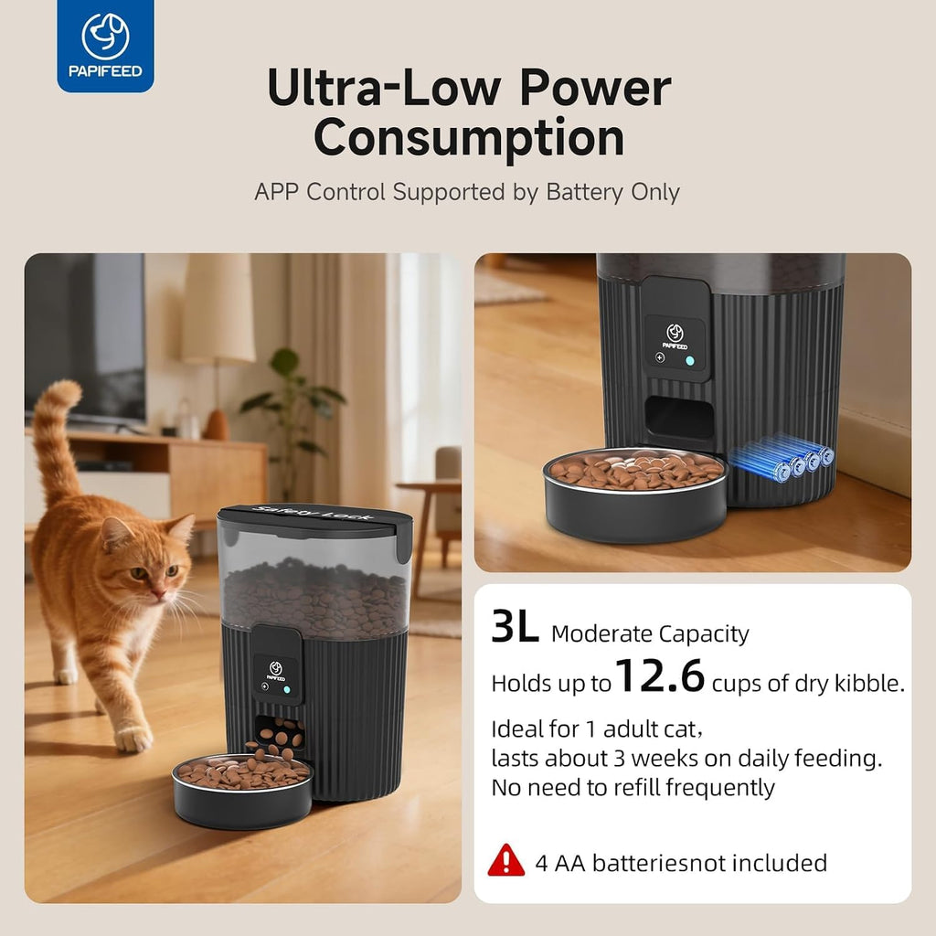 PAPIFEED Automatic Cat Feeder and Water Fountain Stainless Steel, Auto Cat Food & Water Dispenser, Quiet Pet Drinking Fountain with LED, WiFi Cat Feeder with App, 10 Meals/Day, Smart Cat Feeder Set