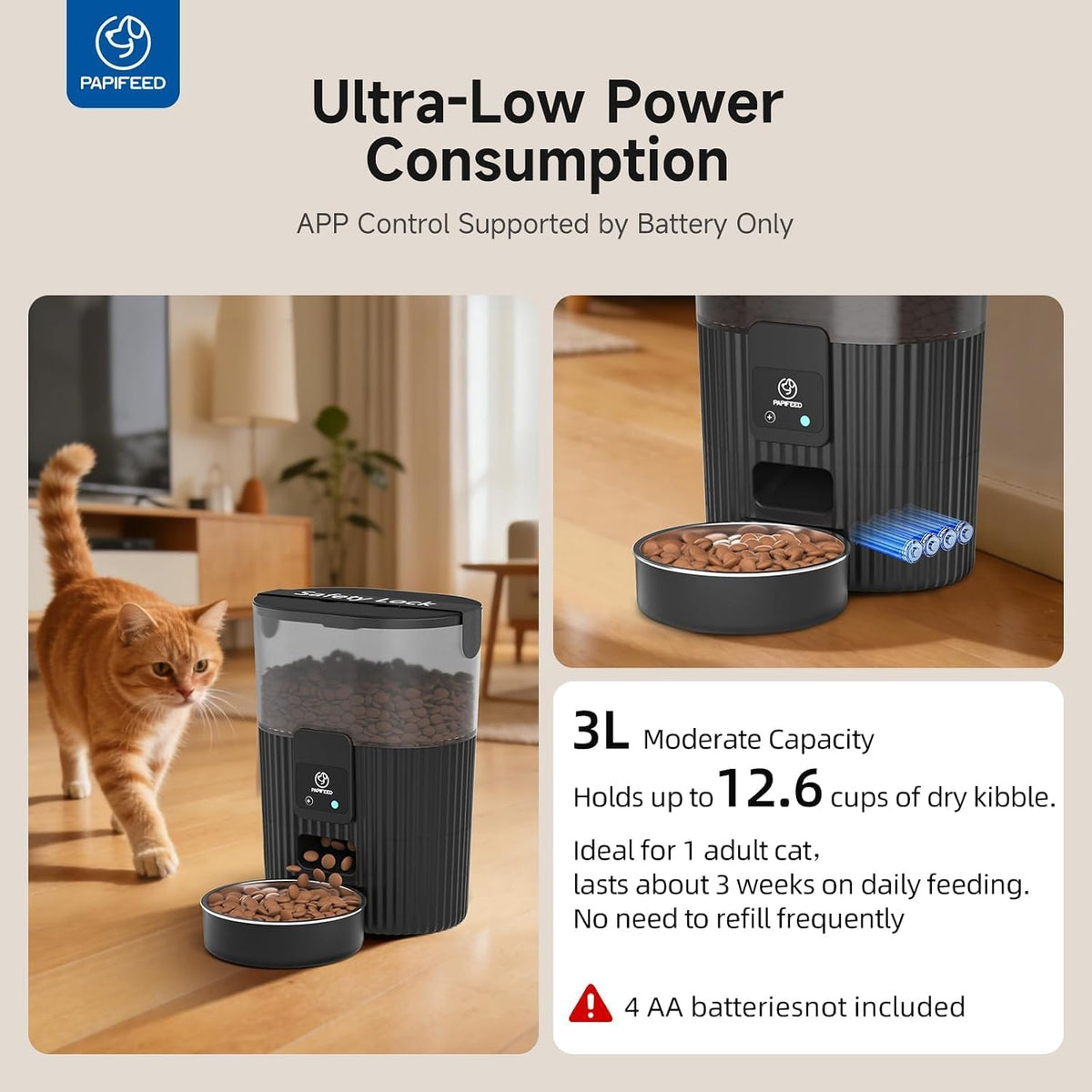 PAPIFEED Automatic Cat Feeder and Water Fountain Stainless Steel, Auto Cat Food & Water Dispenser, Quiet Pet Drinking Fountain with LED, WiFi Cat Feeder with App, 10 Meals/Day, Smart Cat Feeder Set