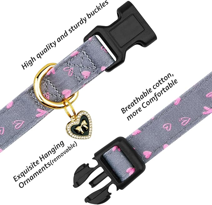 Cotton Handmade Dog Collar Cute and Distinctive Patterns Grey Heart - Image 2