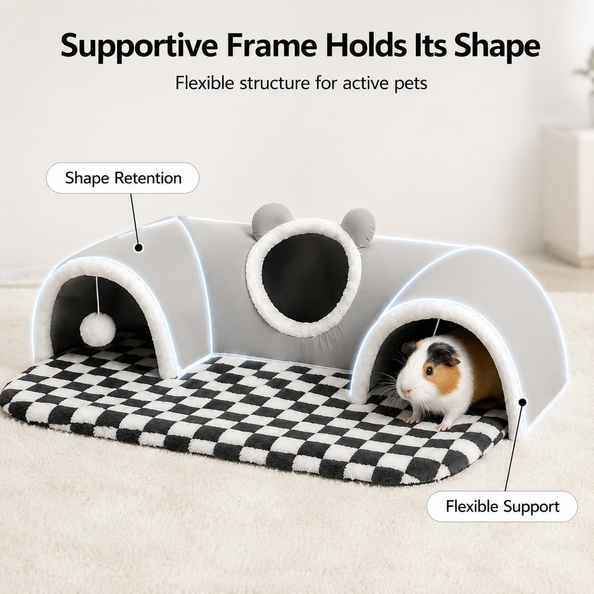 Large Guinea Pig Hideout Tunnel with Removable Warm Bed, 3-Cave Small Animal Hideaway Play Tunnel, Cozy Cage Accessories for Hamsters, Chinchillas, Rats