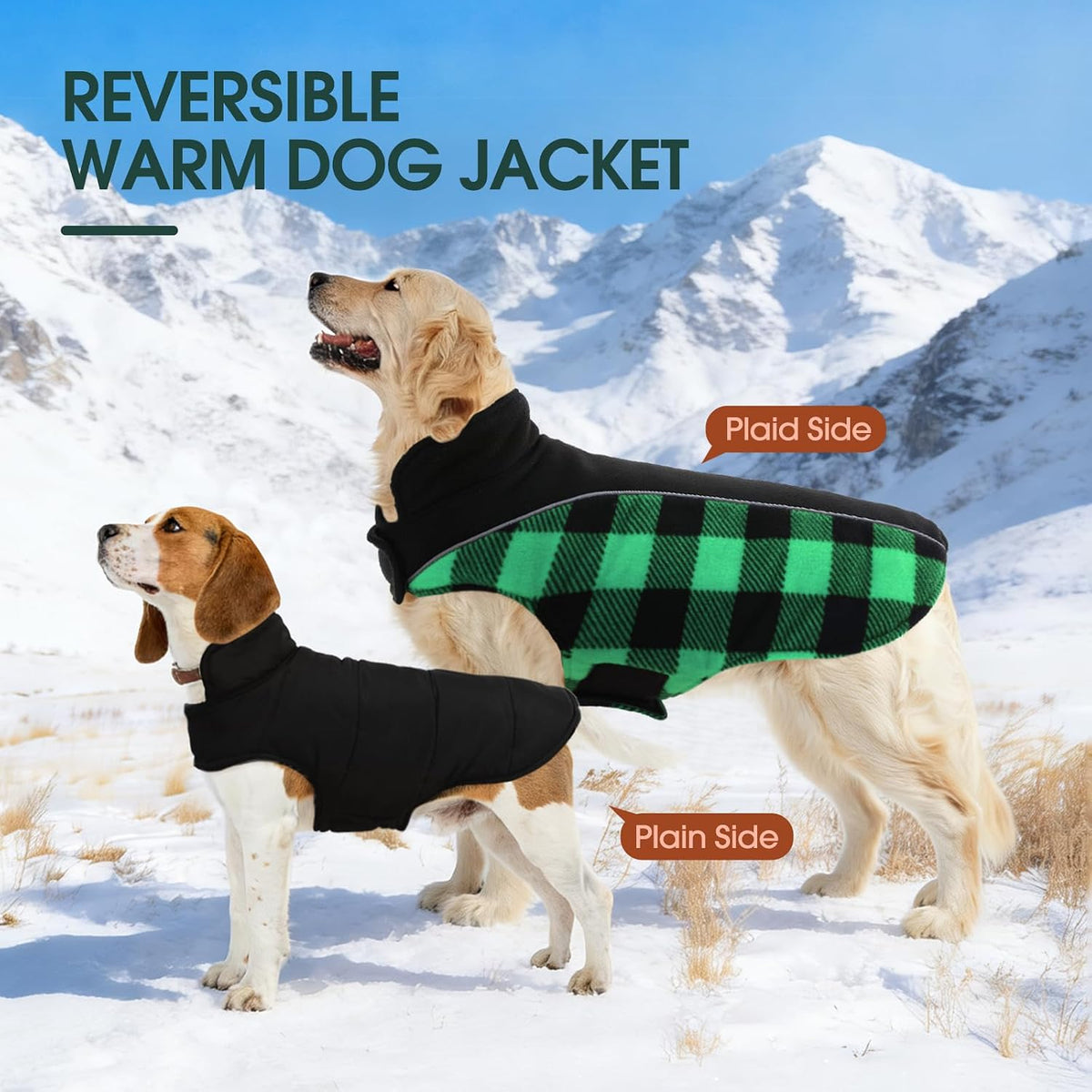 Kuoser Dog Winter Coat, Reversible Waterproof Dog Jacket with Reflective Strip, Warm Dogs Fleece Vest Adjustable Doggy Cold Weather Clothes Plaid Christmas Outfit Pet Apparel for Large Dogs, Green L