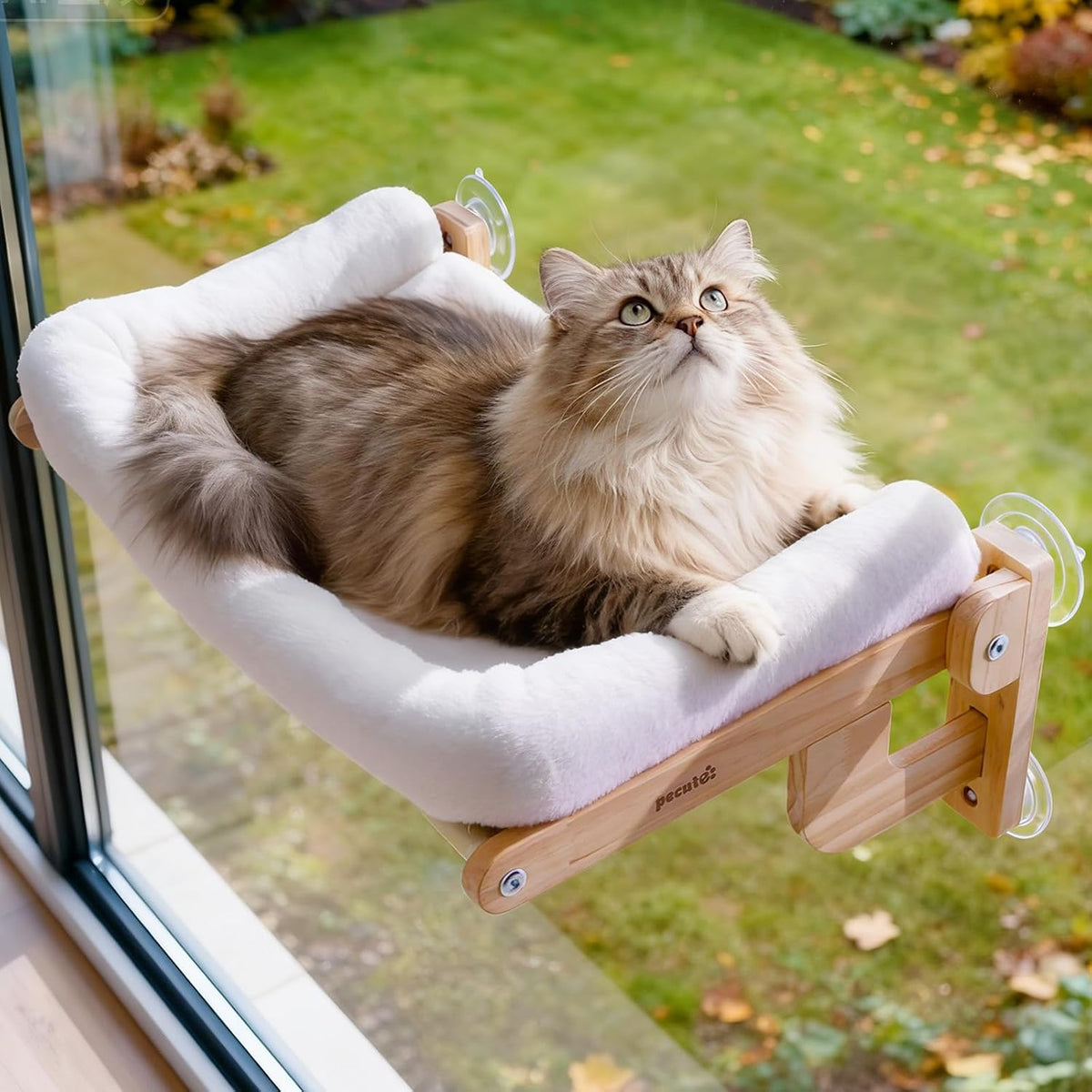 Pecute Foldable Cat Window Perch, Cloud-Soft Cat Bed with Wood Frame, 26" L