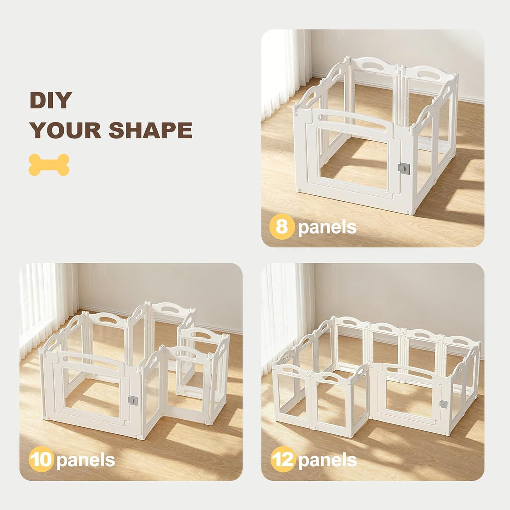 Foldable Clear Acrylic Dog Playpen with Door, 23.6" Acrylic Puppy Playpen, Easy Assemble Indoor Pet Fence with White Frame, Clear Dog Playpen for Puppies & Animal (White, 23.6‘H, 16 Panels + 1 Door)