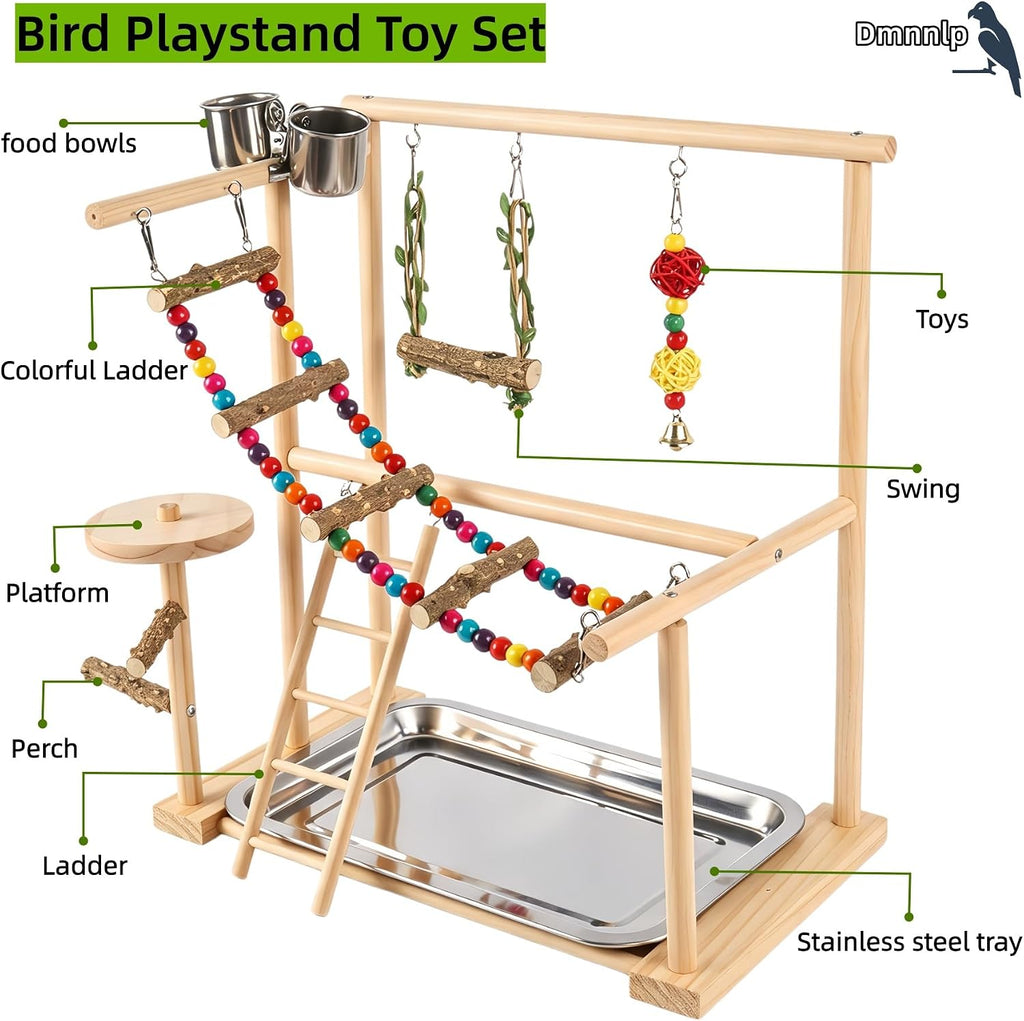 Wood Bird Playground, Bird Play Stand with Removable Tray, Feeder Cups, Ladder, Swing & Chew Toys for Cockatiel, Parakeet