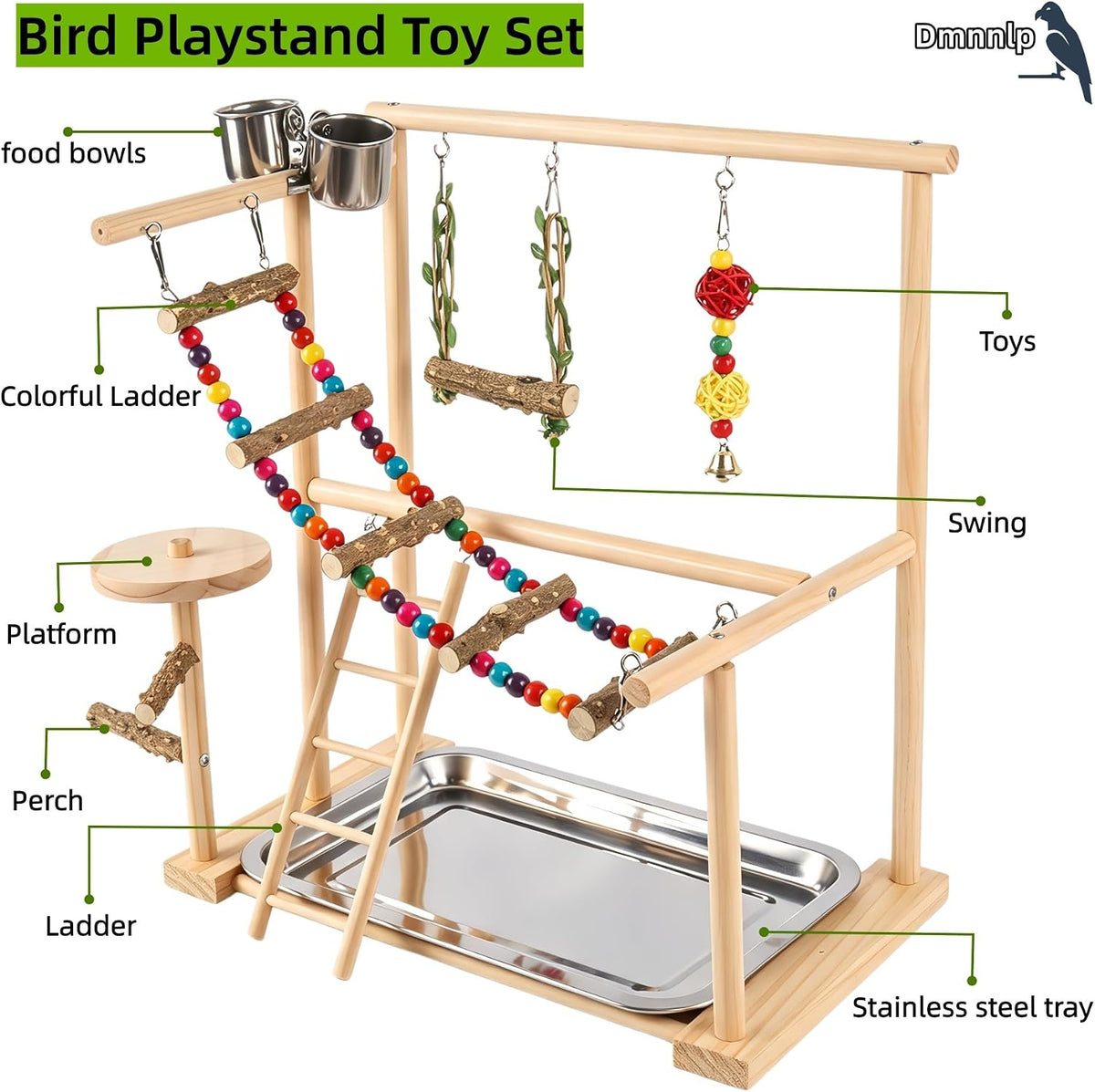 Wood Bird Playground, Bird Play Stand with Removable Tray, Feeder Cups, Ladder, Swing & Chew Toys for Cockatiel, Parakeet