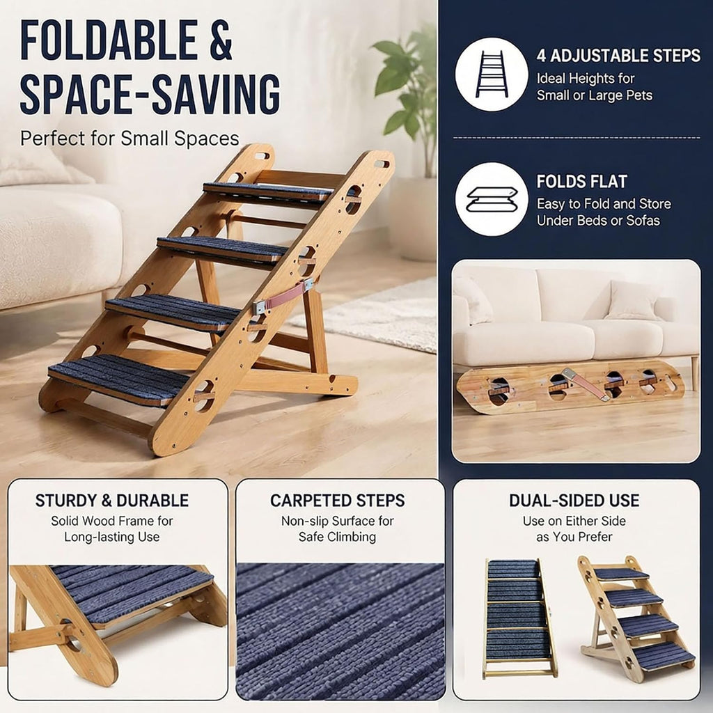 2-in-1 Convertible Dog Ramp & Stairs for Bed/Couch/Sofa, Foldable Pet Ramp Converts to Steps, Adjustable Height with Non-Slip Pad, Lightweight & Sturdy, Helps Senior & Small Dogs Climb Safely(4 Step)