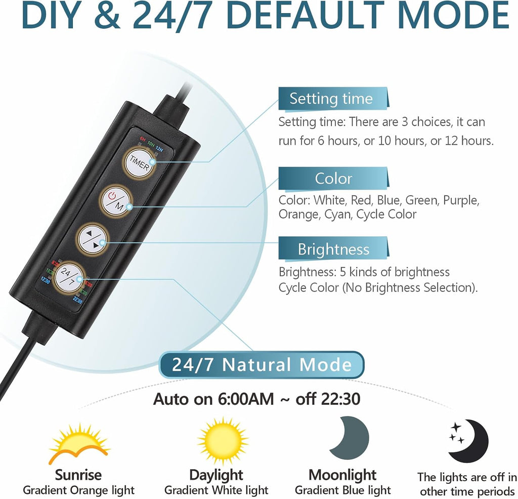 hygger Clip On 24/7 Lighting Aquarium LED Light,Sunrise-Daylight-Moonlight and DIY Mode, Adjustable Timer/Brightness Fish Tank Light with 7 Colors for Planted Tank (14W for 12~20in Tank)