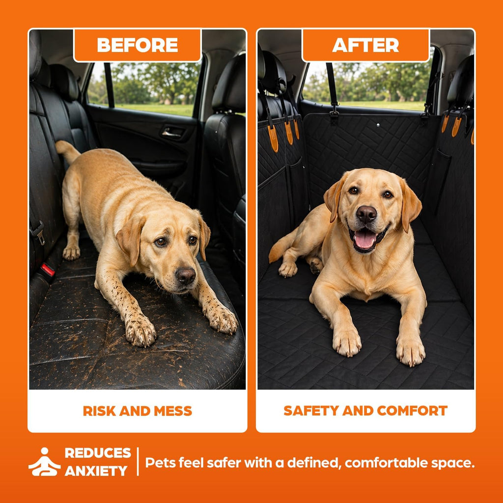 Dog Back Seat Extender - Premium Hard Bottom with Thick Foam, Waterproof Heavy Duty Pet Hammock for Cars, Trucks & SUVs. No-Sag Bridge, Mesh Window & Bonus Accessories (Black)