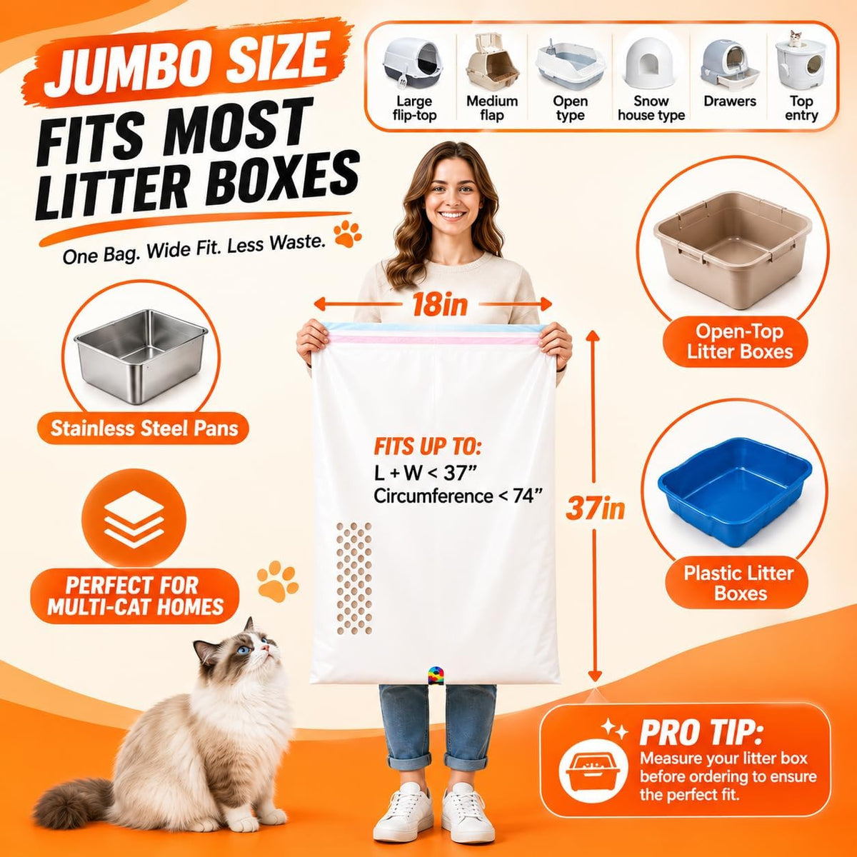 Sifting Litter Box Liners, 14 Count Drawstring Cat Litter Bags, 37 x 18 In