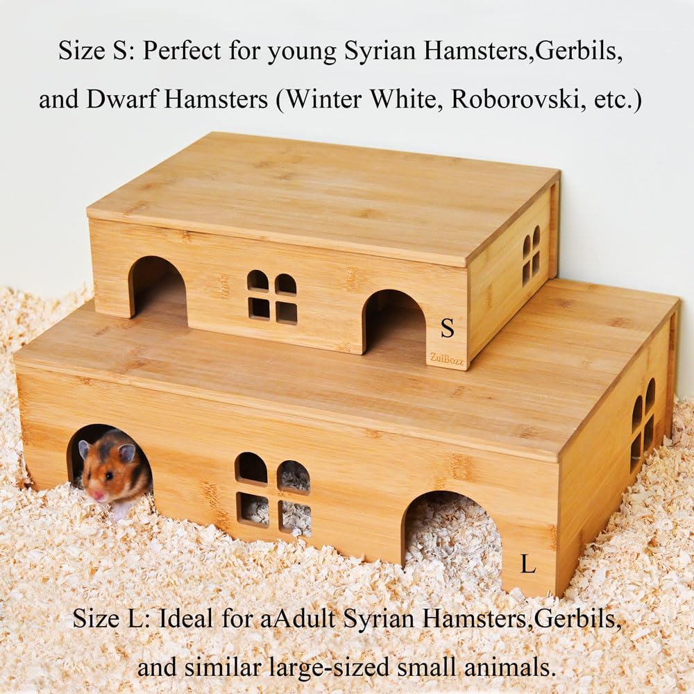0.3" Thick Bamboo Hamster Maze, Pre-Assembled 6-Room Multi-Chamber House, Safe One-Piece Hideaway, No-Moving-Lid Wooden Habitat for Dwarf Hamster, Mouse, 12.2 x 8.4 x 3.6 in, Medium
