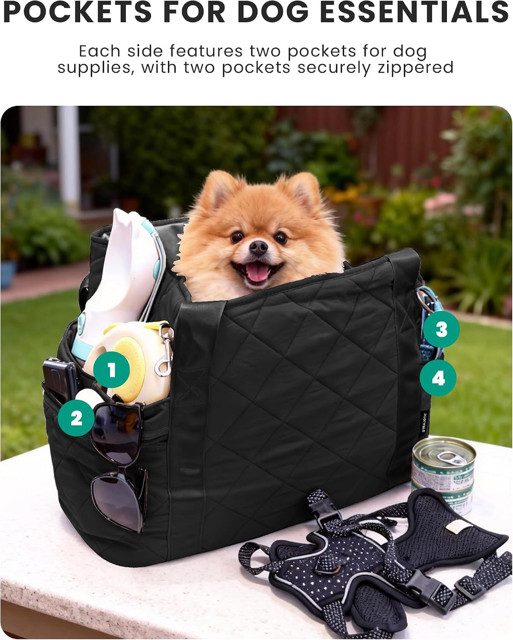 Lightweight Dog Purse Carrier for Small Dogs up to 15 lbs, Dog Tote Bag Puppy Carrier, Soft Plush Interior, Safety Leash Clip, 4 Side Pockets Dog Carrier Bag for Travel & Walking, Black