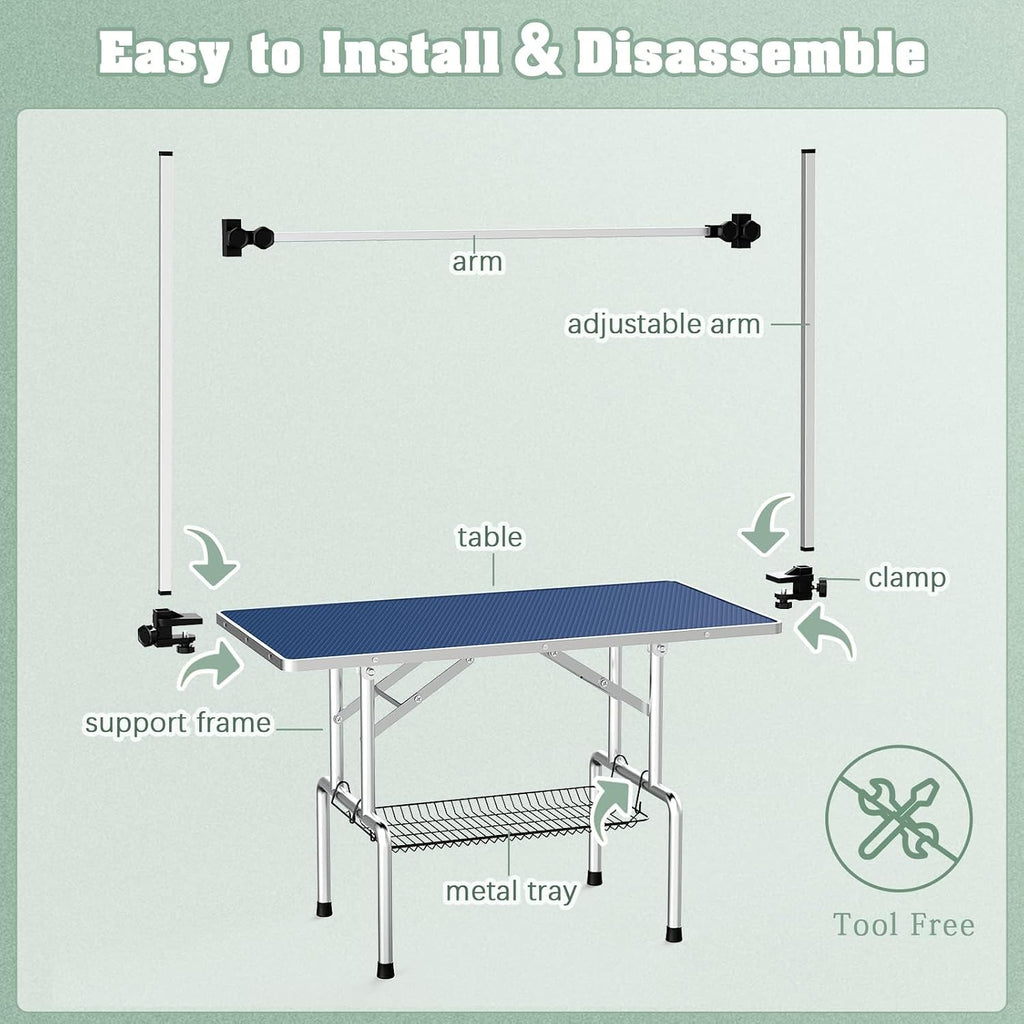 Lyromix 36'' Stainless Steel Pet Dog Grooming Table, Arm/Noose/Tray, Blue