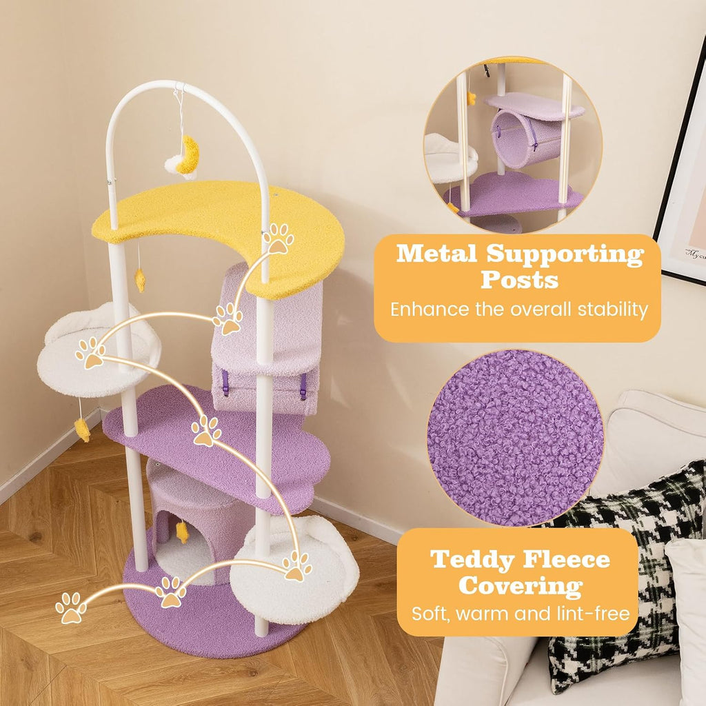 Tangkula Cute Cat Tree, 62 Inch Multi-Level Large Cat Tower with Metal Frame, Moon-Shaped Top Perch, Jumping Platforms, Cat Condo, Tunnel & Hanging Toys, Purple Cat Tree Tower for Indoor Cats