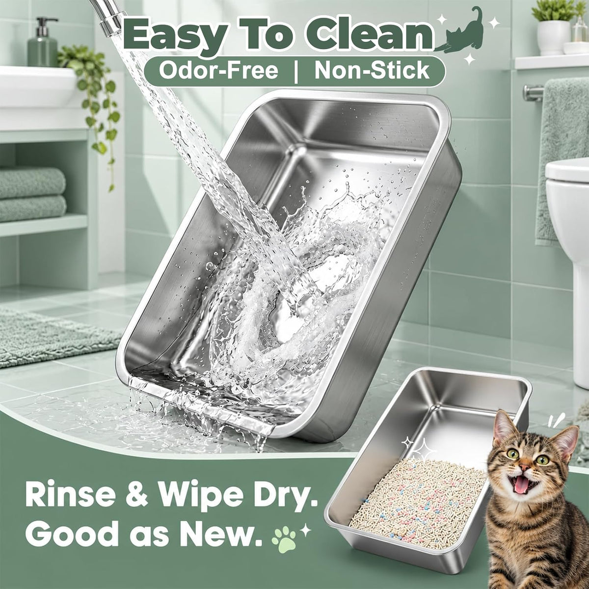 FURTIME Stainless Steel Litter Box with Lid 2Pcs, Enclosed Metal Litter Box
