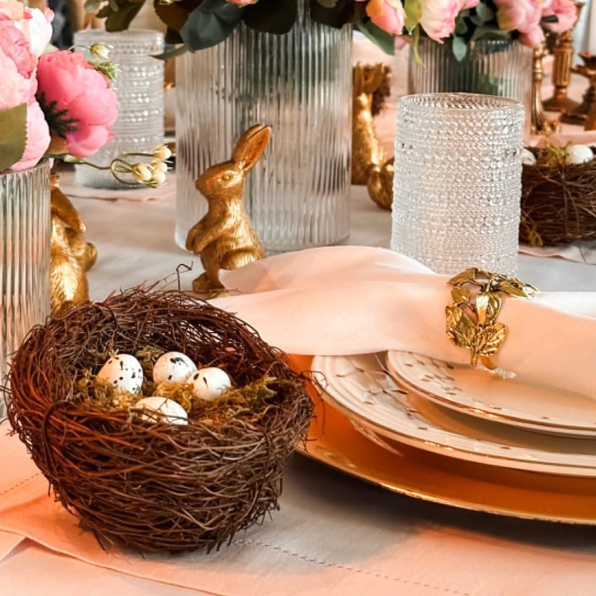 Artificial Birds Nest, 4PCS Crafts Handmade Natural Easter Birds Nest Rattan Birds Nest for Garden Yard Home Party Easter Decor Contains 12 Artificial Bird Eggs&4 Packs of Moss