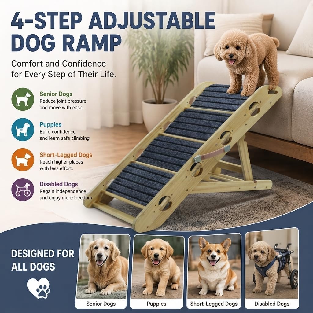 2-in-1 Convertible Dog Ramp & Stairs for Bed/Couch/Sofa, Foldable Pet Ramp Converts to Steps, Adjustable Height with Non-Slip Pad, Lightweight & Sturdy, Helps Senior & Small Dogs Climb Safely(4 Step)