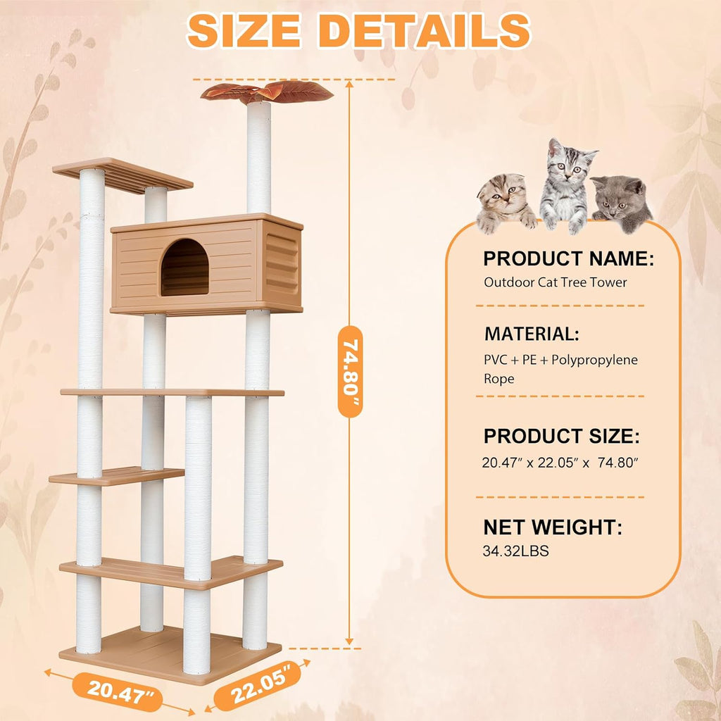 74.8in Weatherproof Cat Tree Tower with Scratching Post for Indoor&Outdoor