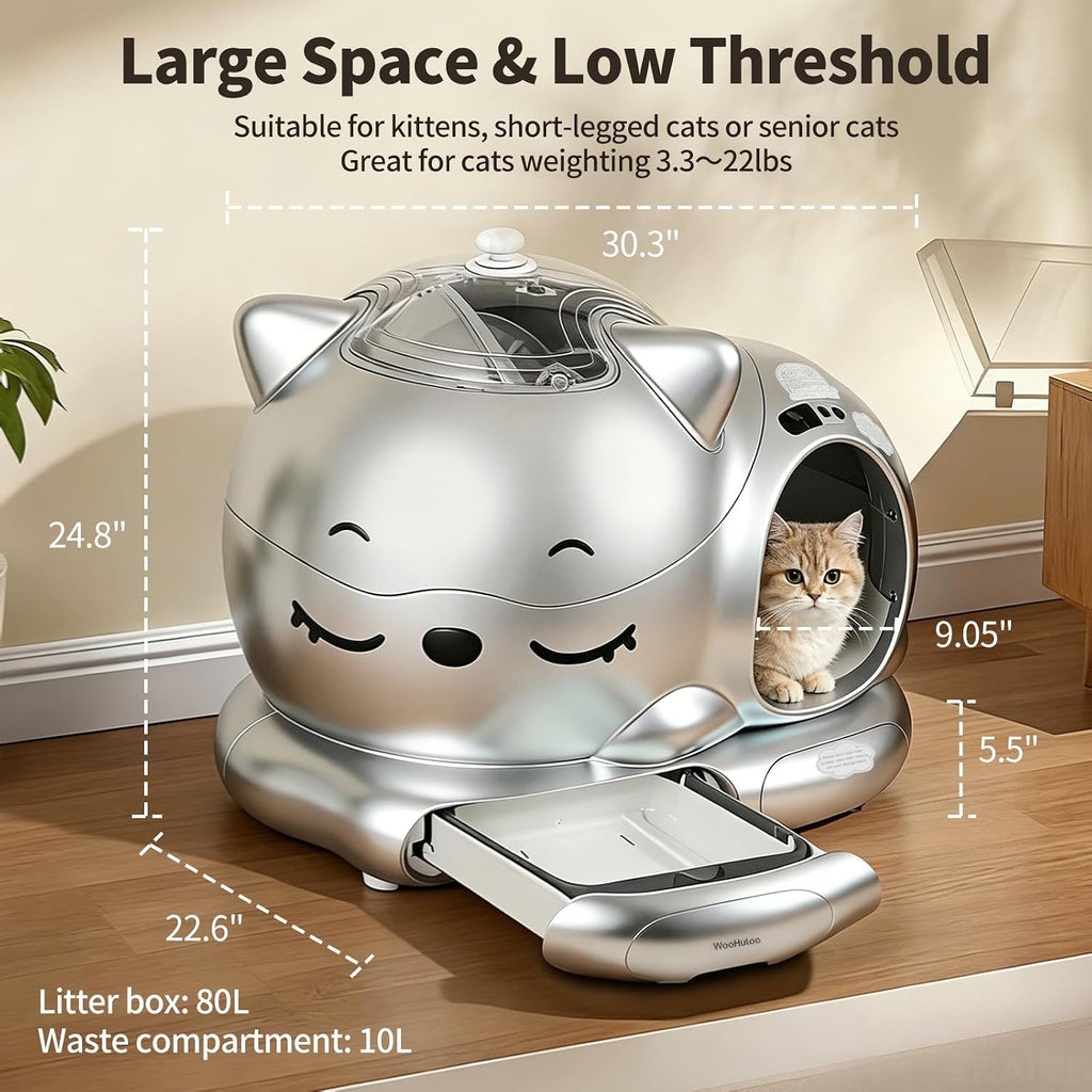 Automatic Cat Litter Box, Semi-Open Large Capacity with Triple Odor Removal System, App Control and Health Monitor, Safety Sensor, Cute Self Cleaning Litter Box for Multiple Cats