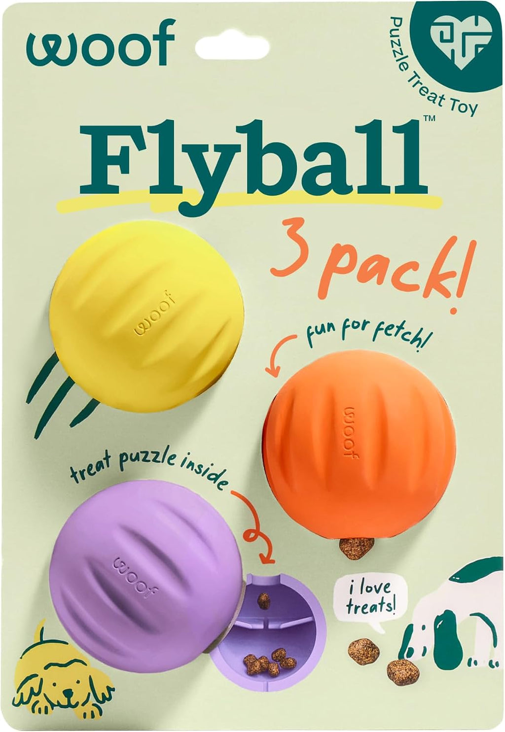 WOOF Flyball Fetch Ball & Dog Treat Dispenser Toy, 3-Pack