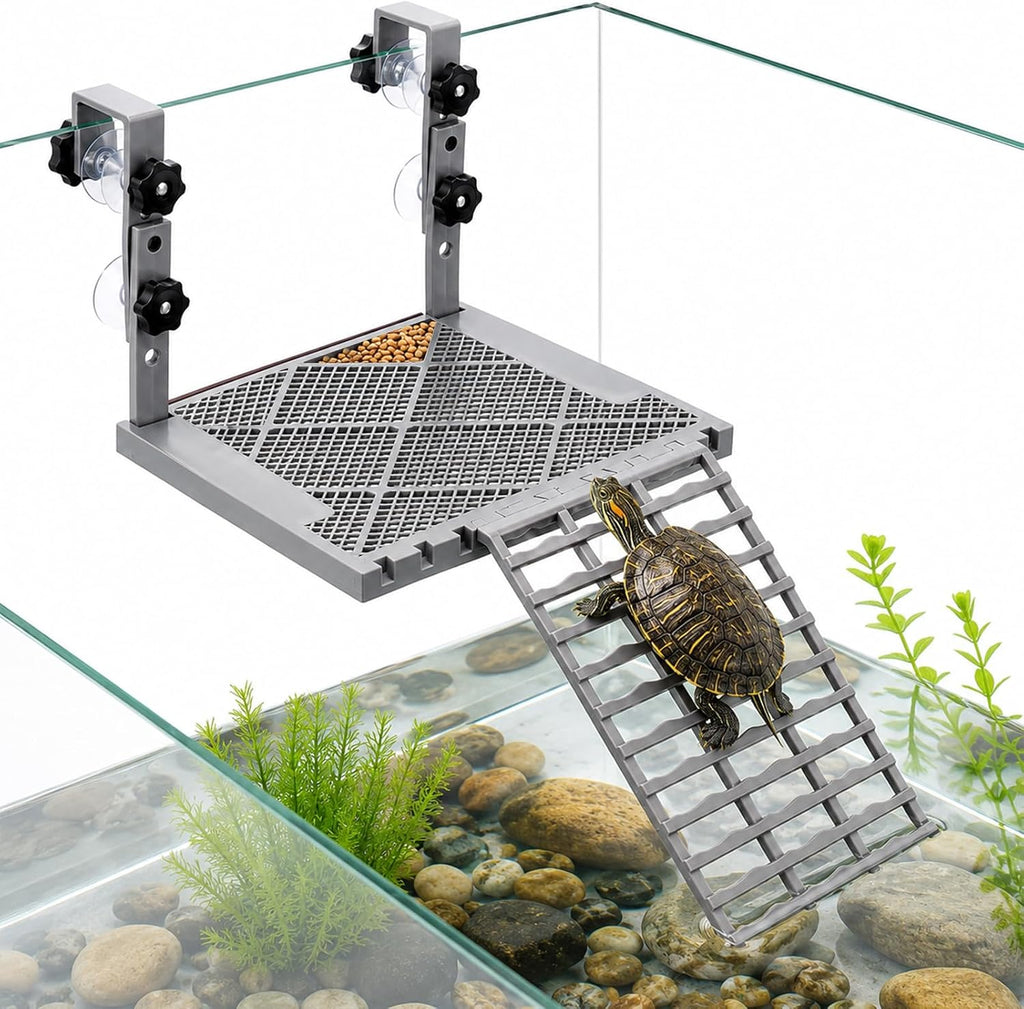 Adjustable Hanging Turtle Basking Platform, Feeding Tray, Non-Slip Ramp |Sturdy Plastic, Adjustable 4.9-7.9 in Height, 9.8 x 7.9 in Deck, Easy Assembly, Reptile Tank Accessories, Fits 20-75 Gal