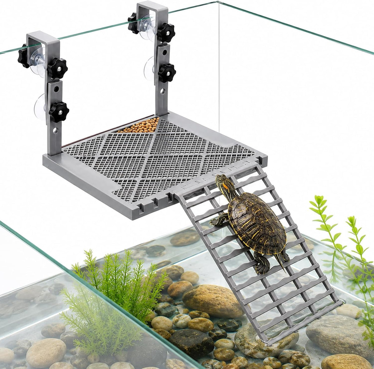 Adjustable Hanging Turtle Basking Platform, Feeding Tray, Non-Slip Ramp |Sturdy Plastic, Adjustable 4.9-7.9 in Height, 9.8 x 7.9 in Deck, Easy Assembly, Reptile Tank Accessories, Fits 20-75 Gal
