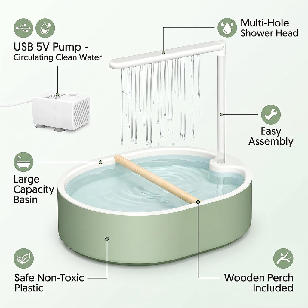 Automatic Bird Bath for Cage, Bird Shower Bath with Circulating Water Fountain & USB Pump, Large Parakeet Shower Bath for Parrot Budgies Cockatiels Conures Lovebirds African Grey